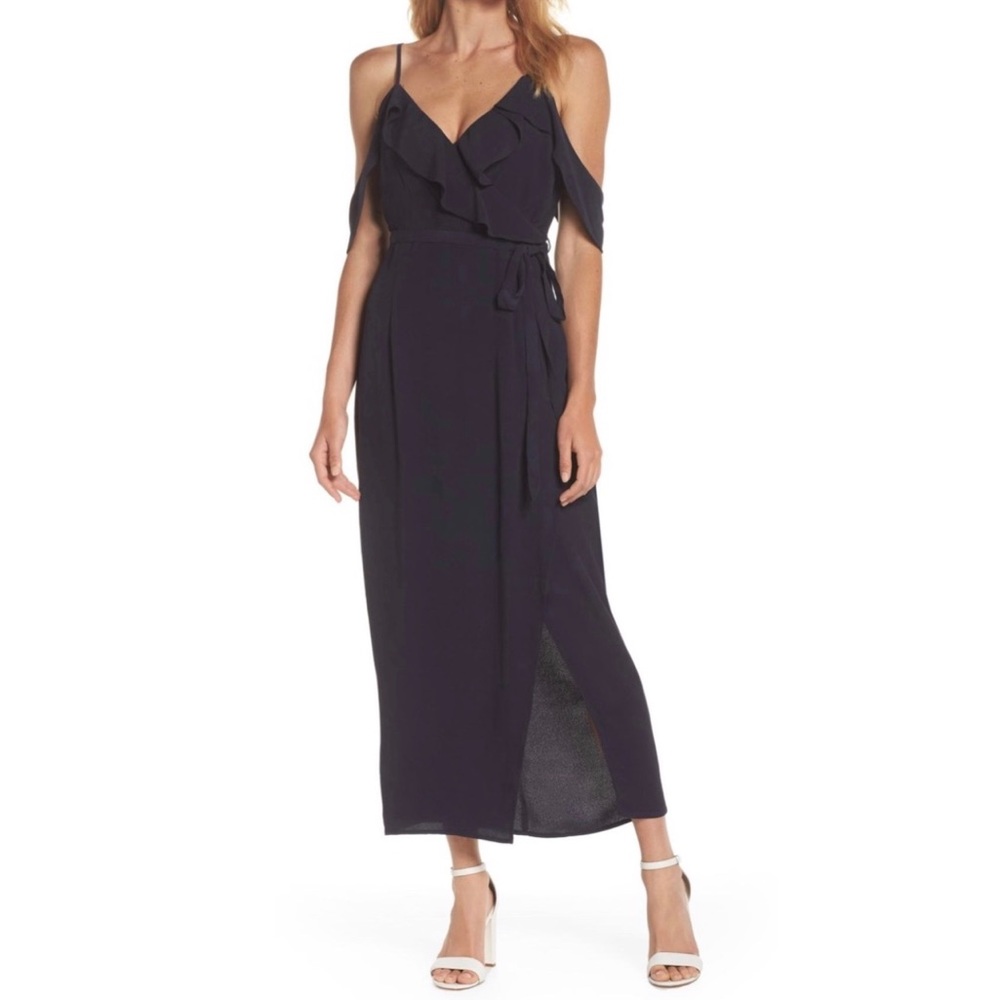 Bardot Blue Enzo Cold Shoulder Faux Wrap Dress